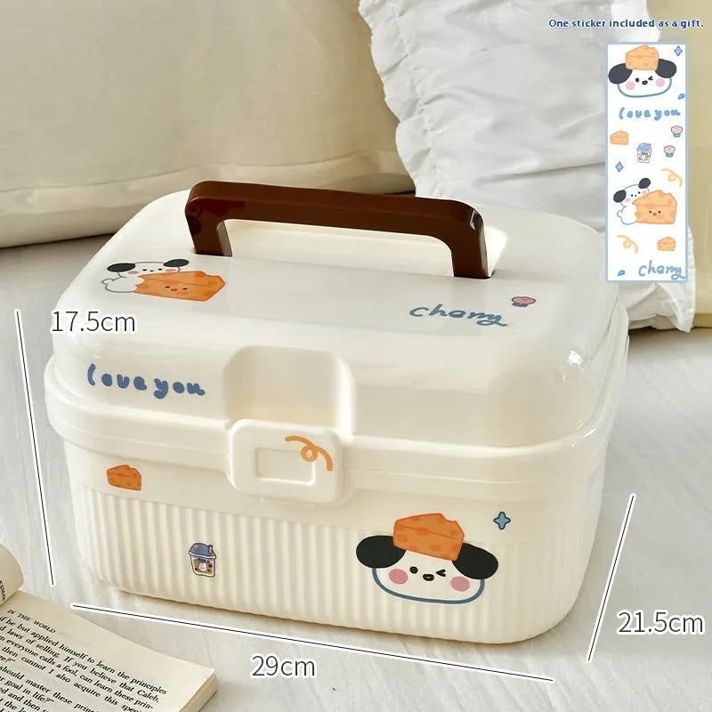 Double-layer plastic storage box with handle showing capacity and included size stickers