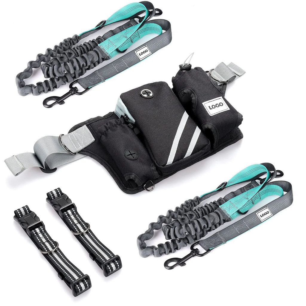 Black outdoor dog walking set with waist bag and adjustable leash on nylon material