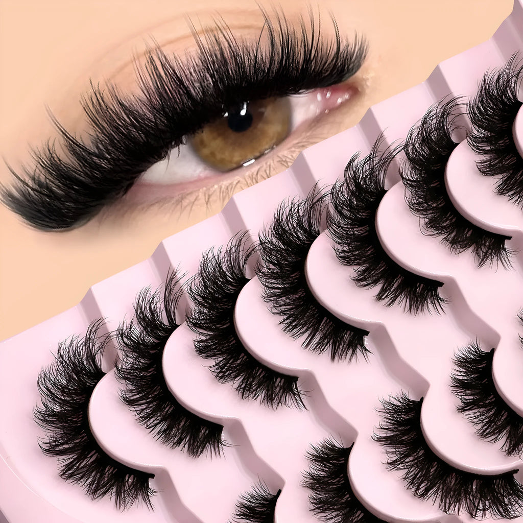 Box of natural style false eyelashes made from artificial fibre, showing thick dense lashes.