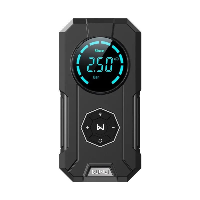 80W wireless portable car tyre inflator with USB charging and LED light, black ABS elastic paint body
