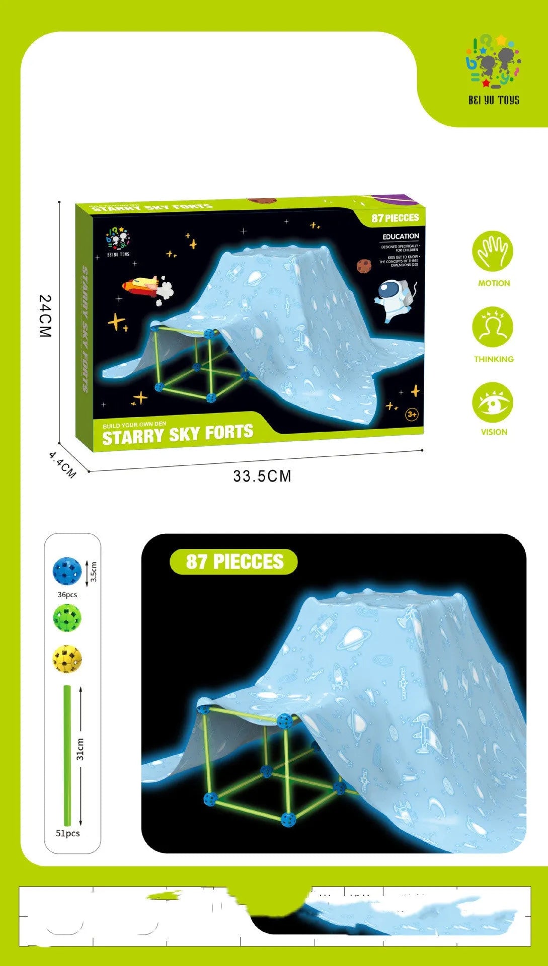 Luminous plastic fort building kit for kids with glowing sticks, balls, and fabric tent