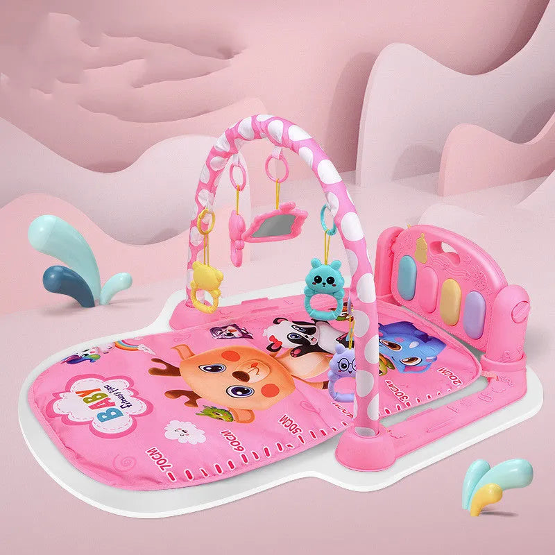 A blue baby fitness frame with a pedal piano and hanging toys for infant development.