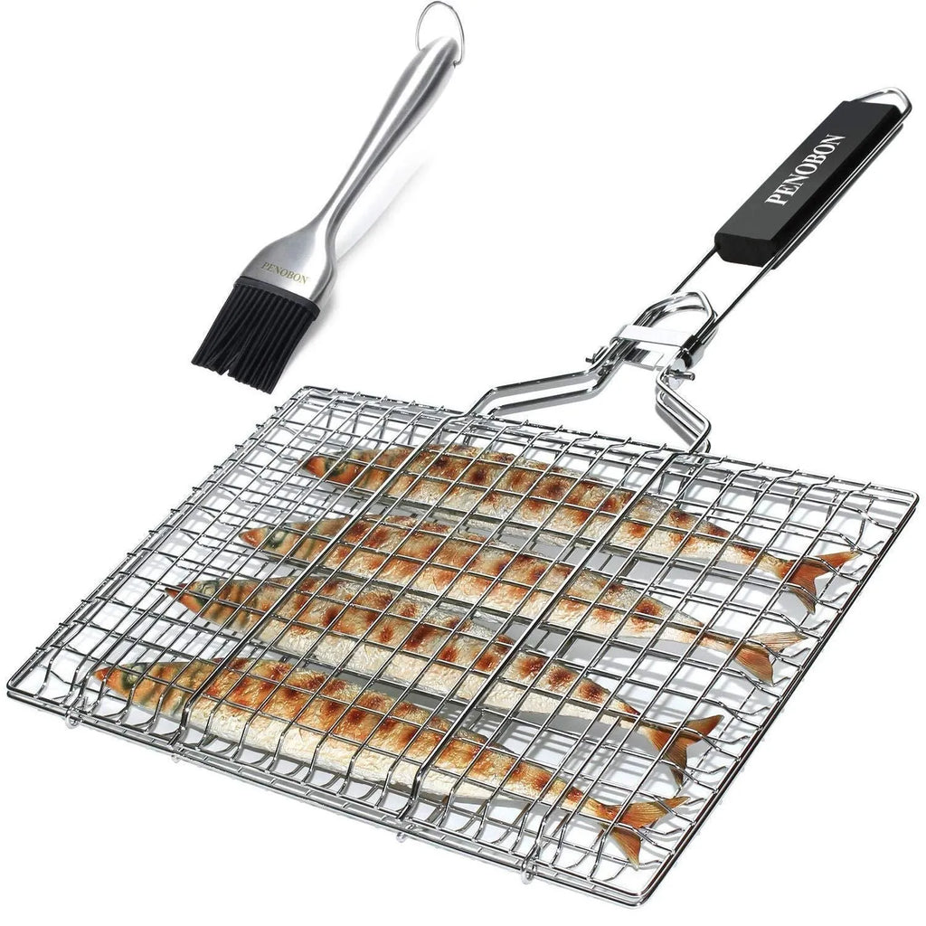 Square stainless steel barbecue mesh basket with folding handle and cleaning brush for outdoor grilling