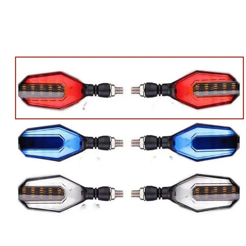 Motorcycle modified two-colour light guide 30 LED steering indicator signal set showing light guide colours