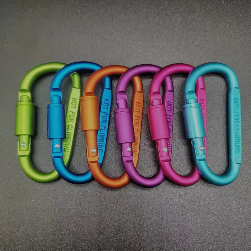 Silver D-shaped aluminium locking carabiner with an 8cm profile on a grey background.