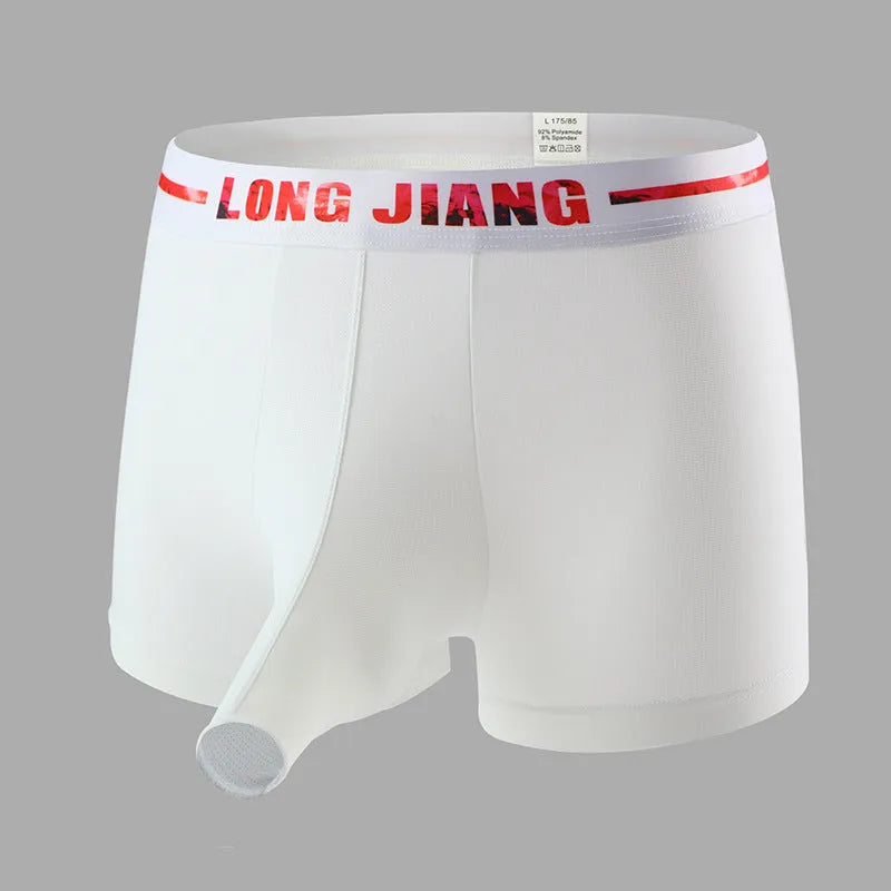Men's solid colour ice silk boxer shorts in a mid-waist design on a white background.