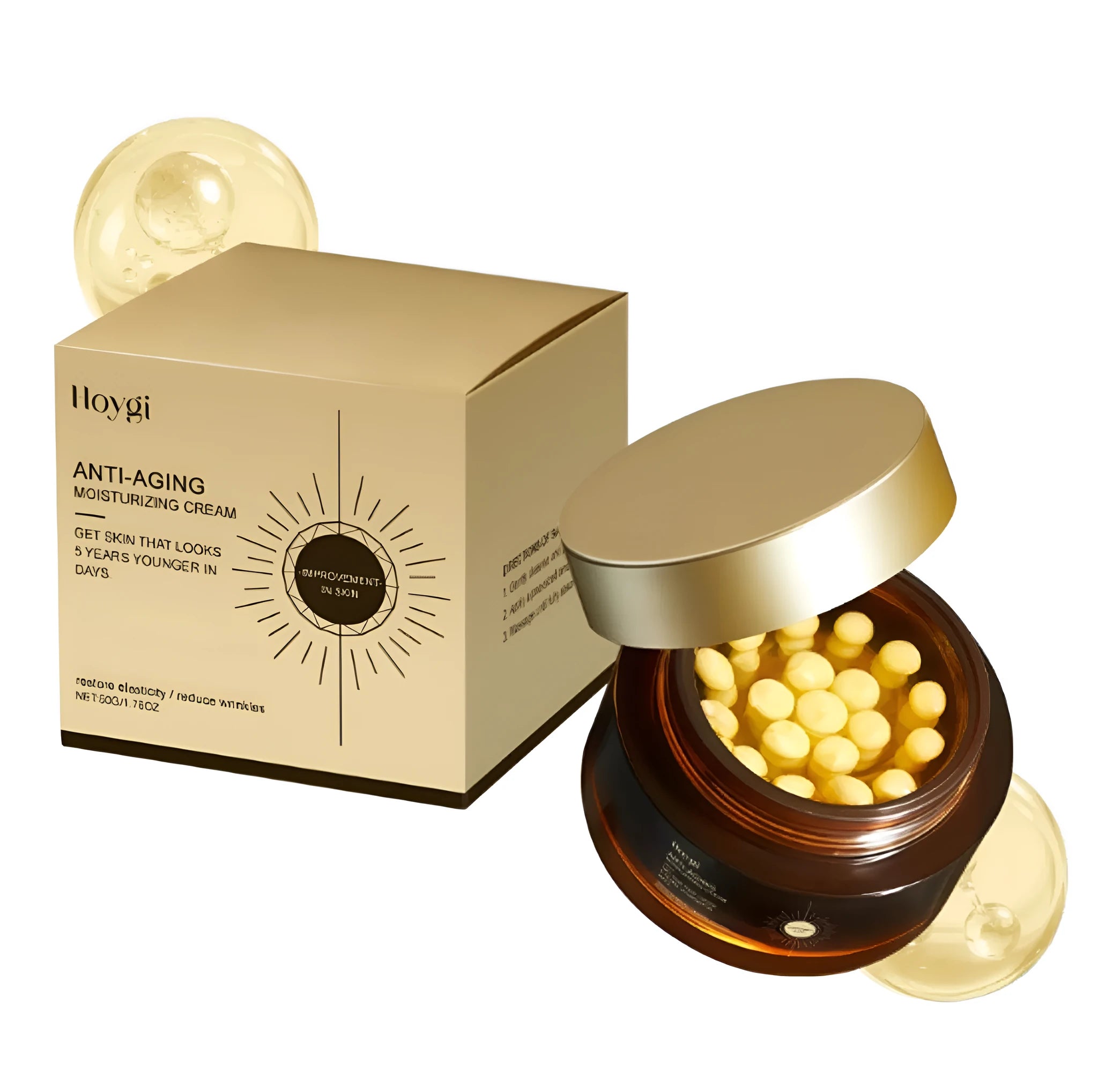 Jar of 50g retinol moisturising cream with visible yellow retinol capsules.
