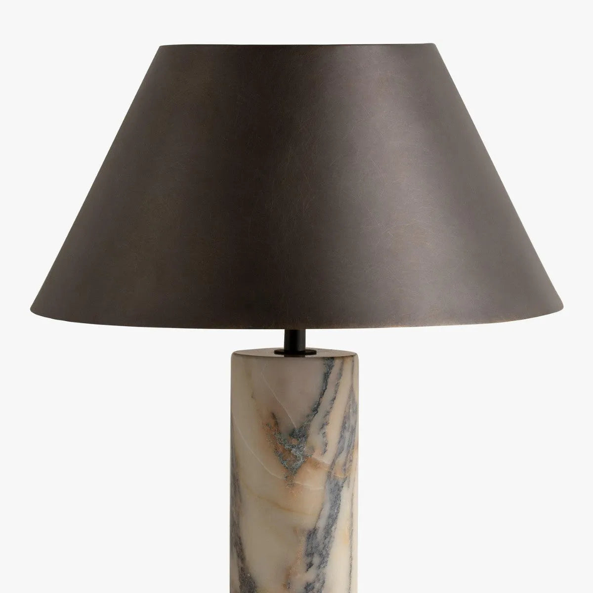 Black modern marble table lamp with LED light source on wooden surface