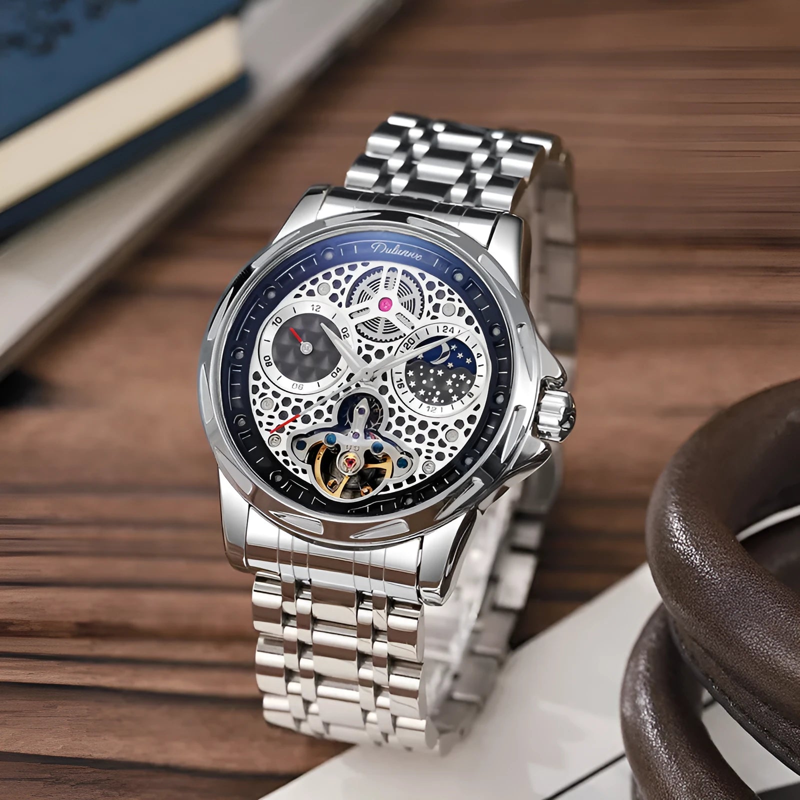 Men's automatic waterproof watch with luminous hands on a black dial with steel bracelet.