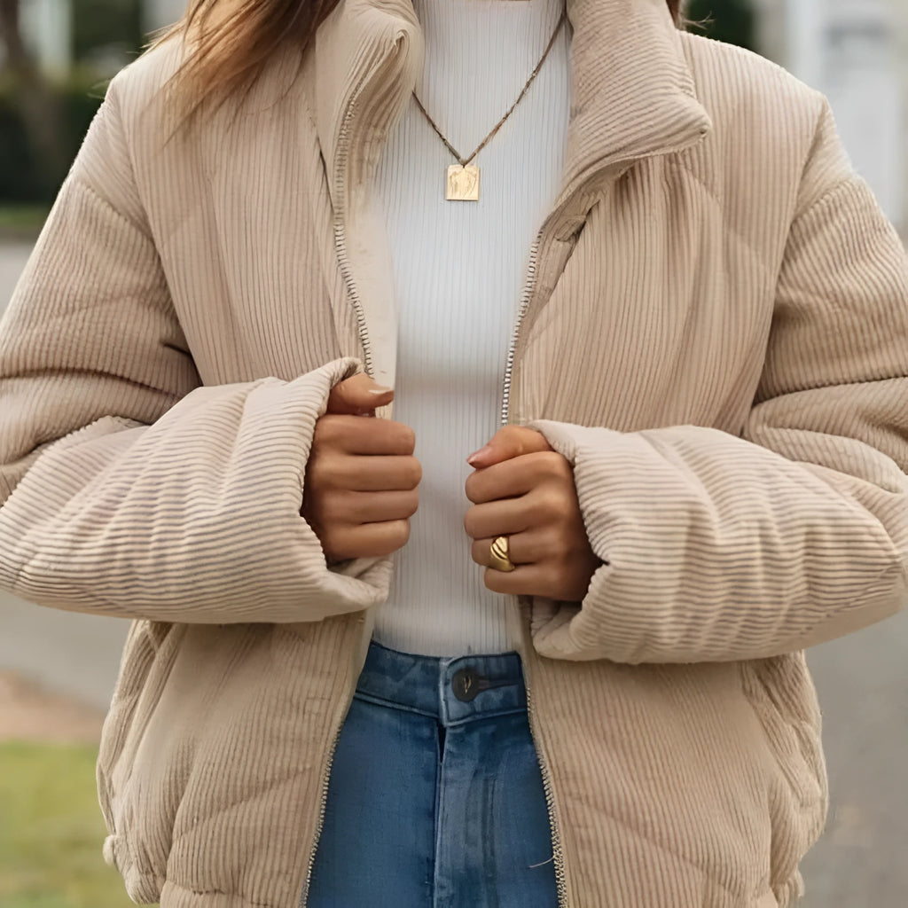 Apricot women's corduroy jacket with stand collar and front zip in street fashion style