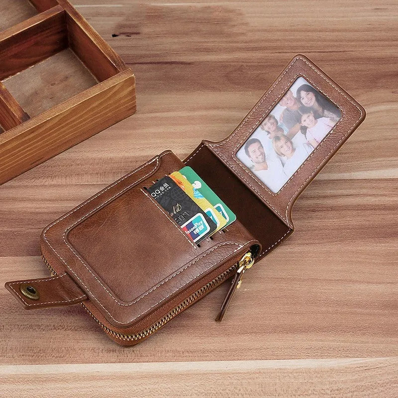 Men's short style two-fold wallet in PU leather showing light brown, black, and dark brown colour options
