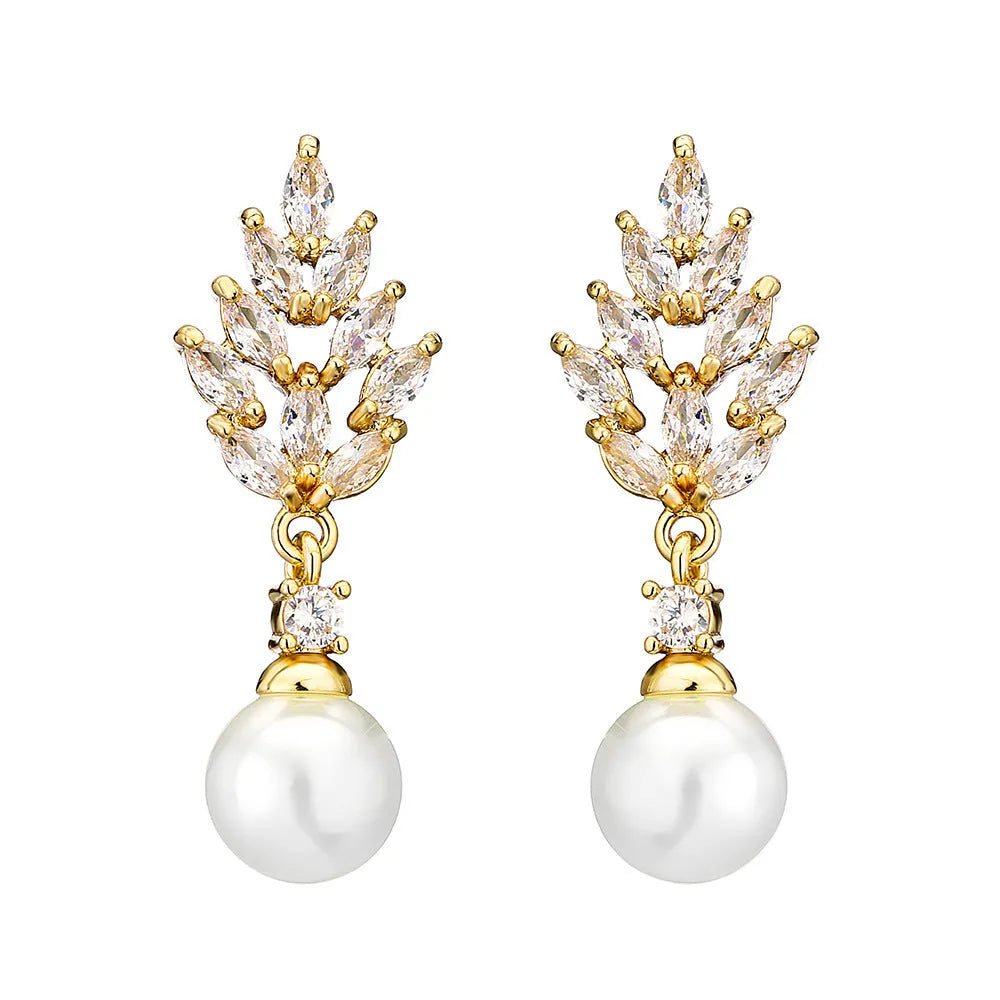 Gold, platinum, and rose gold plated geometric flower earrings with micro-inlaid zircon and pearl details.