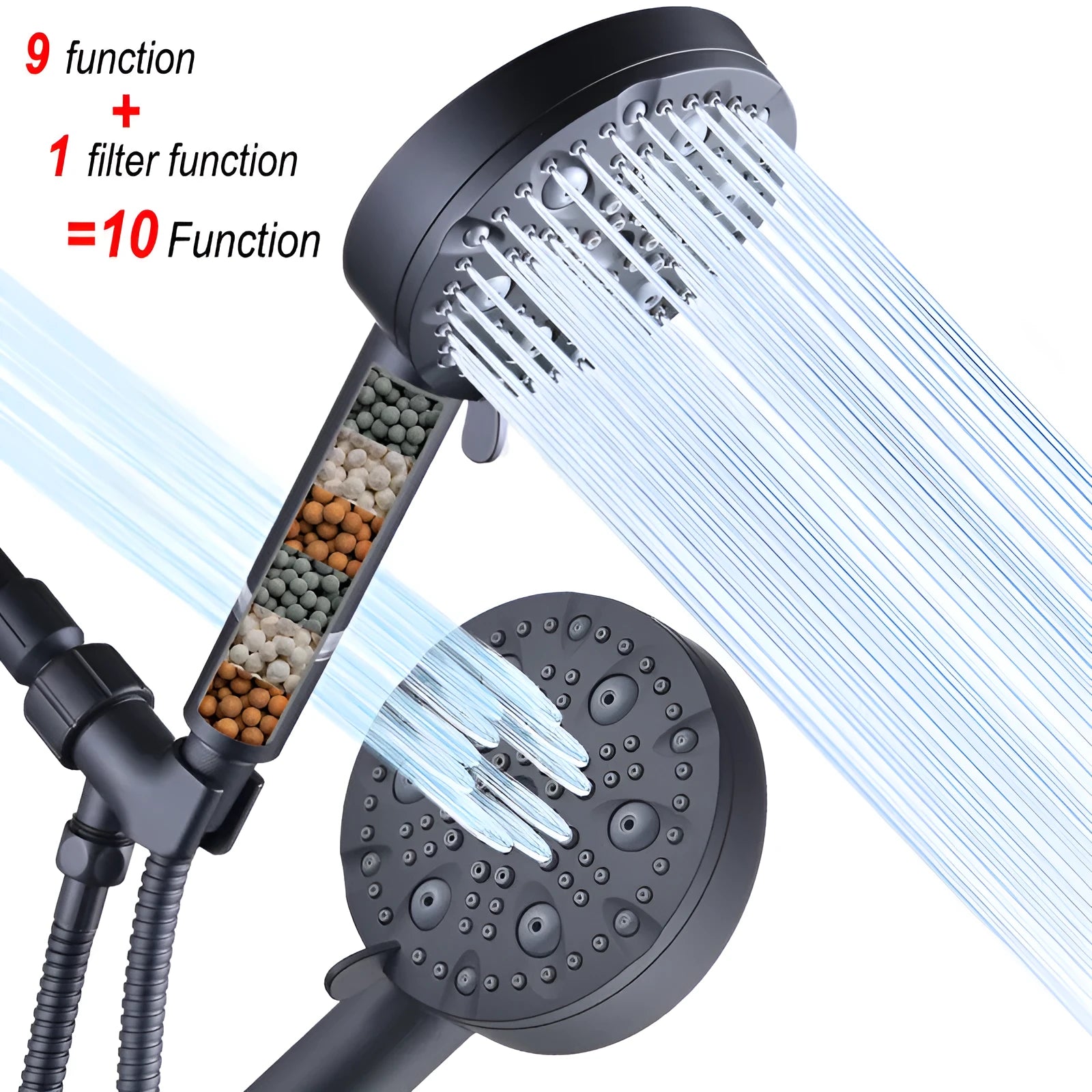 Dark matte black hand-held shower head set with filter, bracket, and hose on a white background