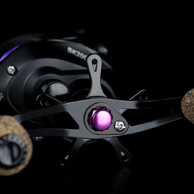 BK water drop wheel fishing reel with ceramic line outlet, metal spool, and cork grip on dark background