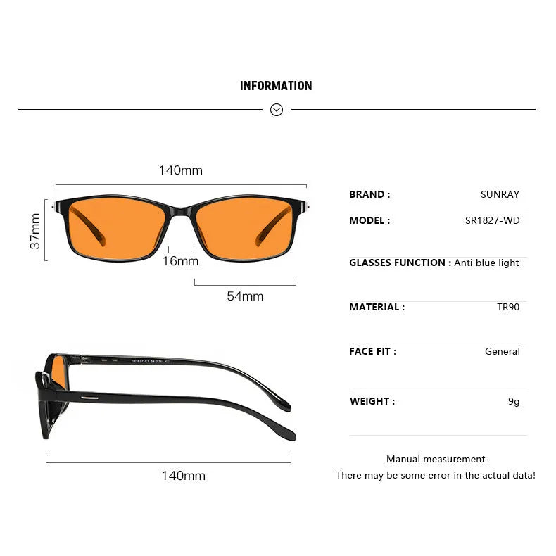 Orange lens anti-blue light glasses with full rim frame in four colour variations