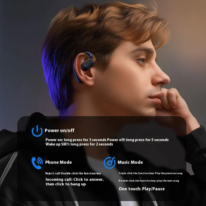 LX-09 Supreme Black ear-mounted Bluetooth headset with dual speakers and smart touch controls