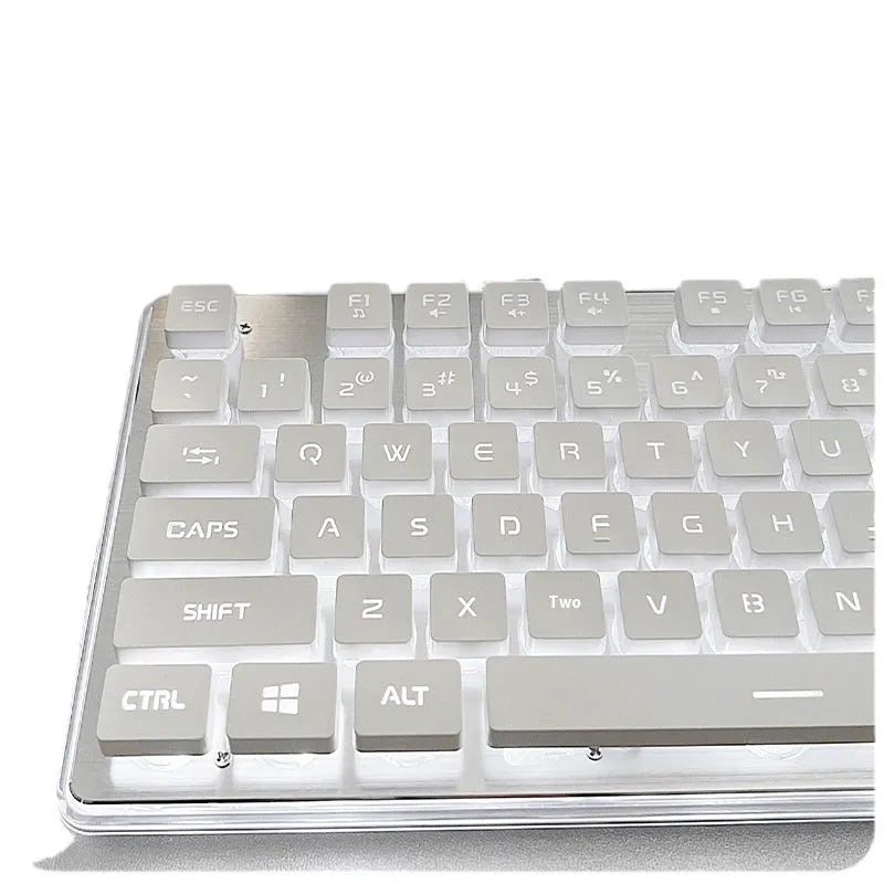 Wired mute keyboard with mechanical feel, ABS construction, 44x13x2cm, white light variant on desk