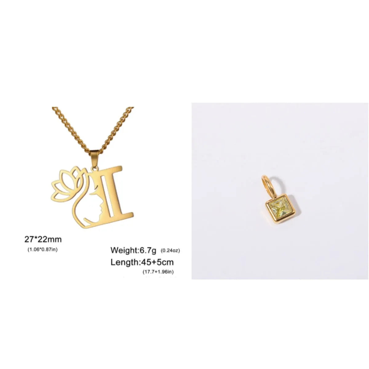 Stainless steel necklace with cross chain and a single initial pendant in a gold or silver finish.