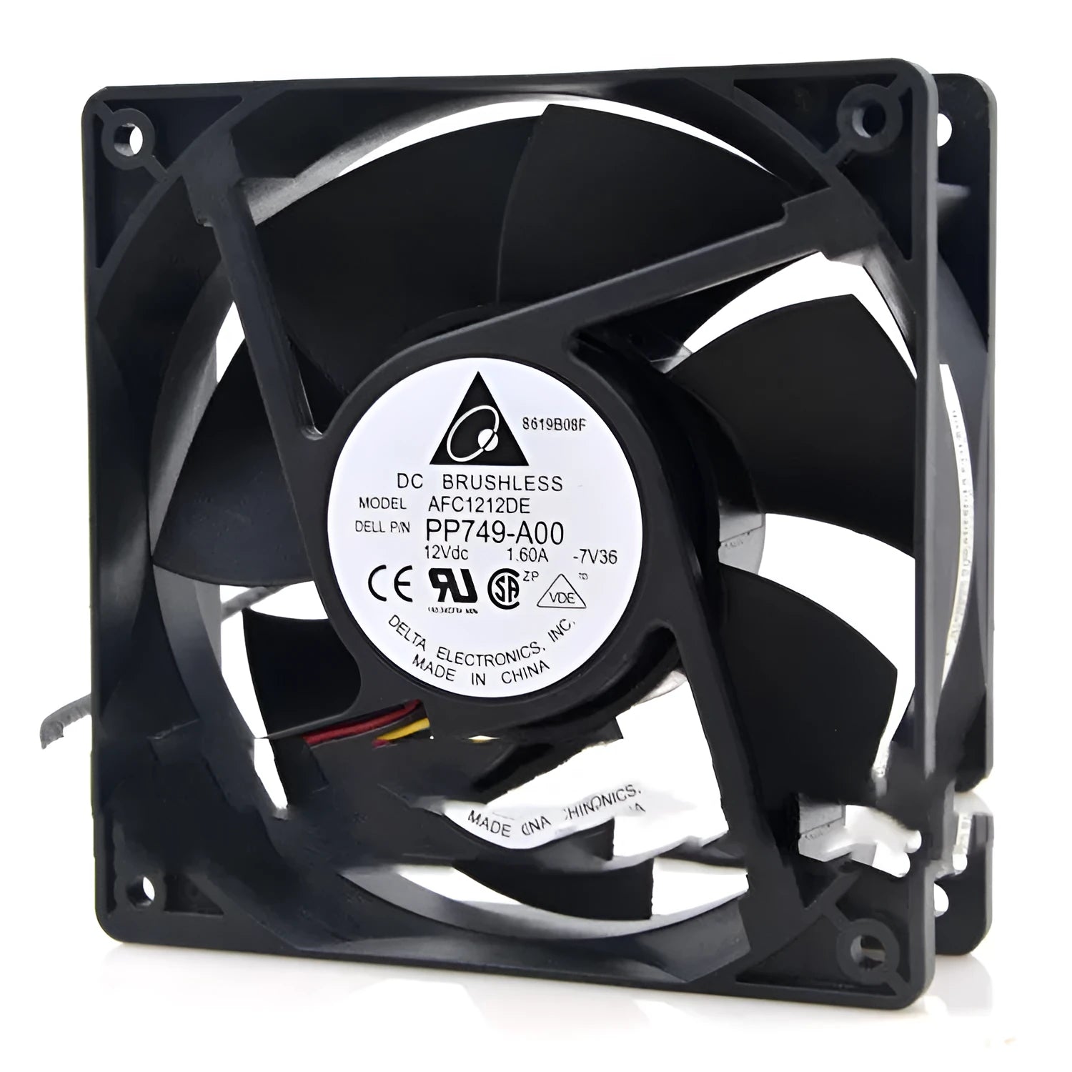Delta AFC1212DE 12038 12V 1.6A PWM cooling fan with black frame and four-wire cable