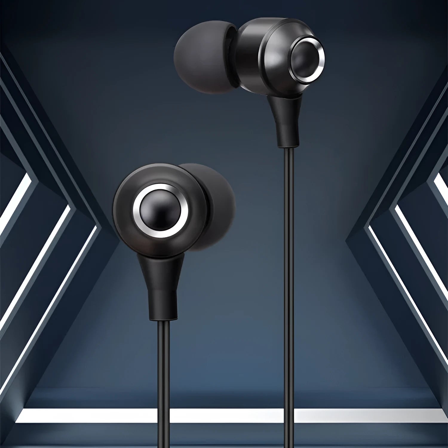 In-ear wired headphones with 3.5mm straight plug, 1.2m TPE cable, and silicone ear tips