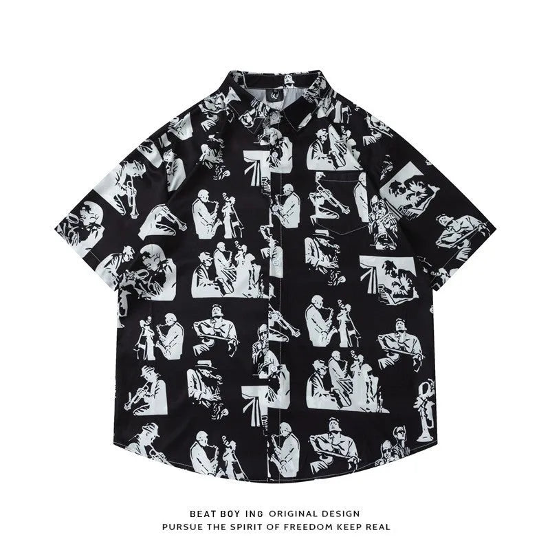 Loose fit short sleeve cardigan shirt with a colourful floral print pattern.