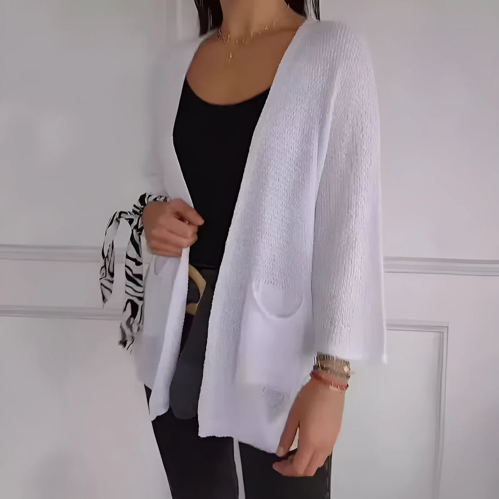 Women's waffle-textured cardigan coat with nine-quarter sleeves in army green colour