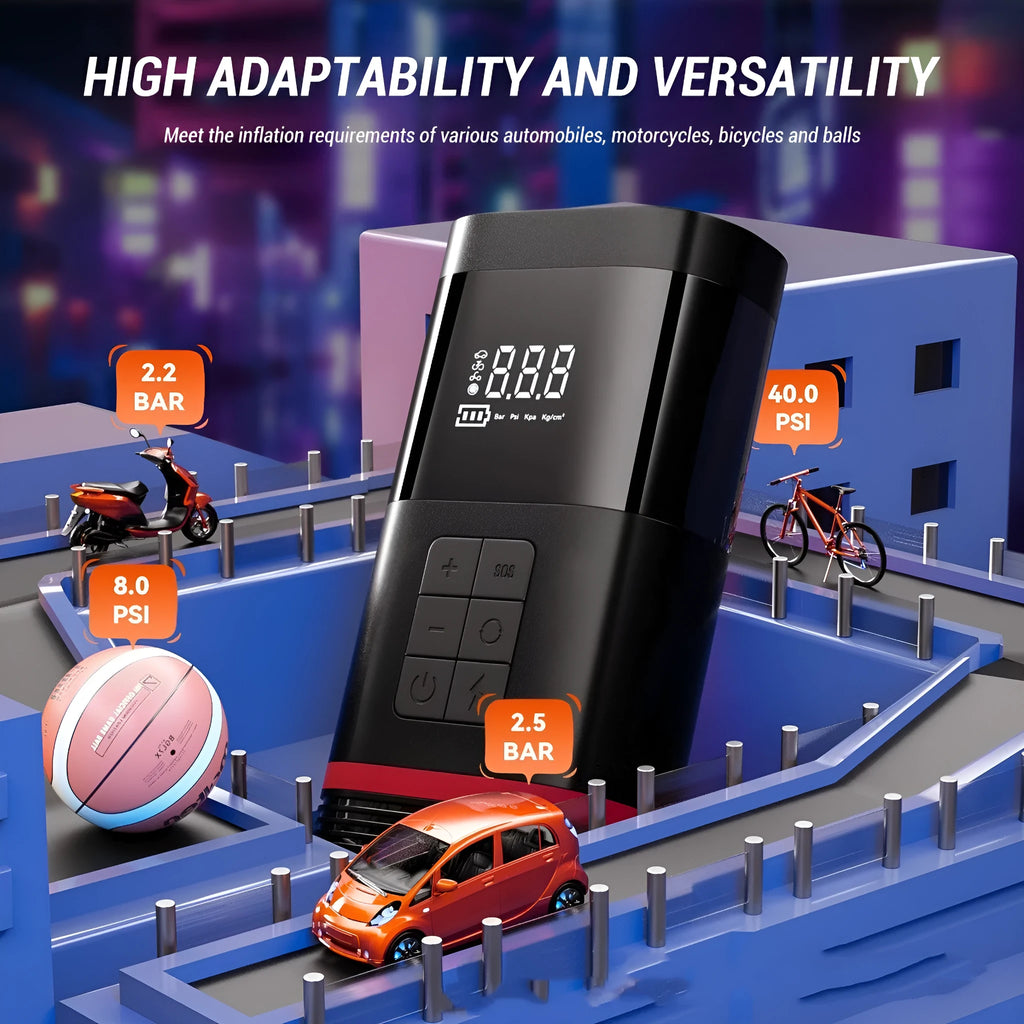 Black rectangular automobile emergency jump starter power bank with USB port and LED light.