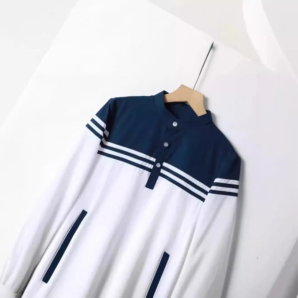 Boys fashion colour contrast striped button robe in black, white and khaki polyester
