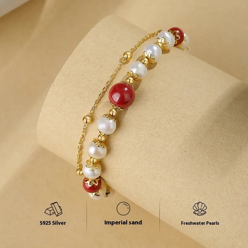Sterling silver double-layer bracelet with white moonlight and cinnabar mole freshwater pearl design