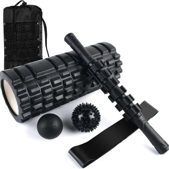 Black foam massage roller stick with six segmented gear design, 33cm length