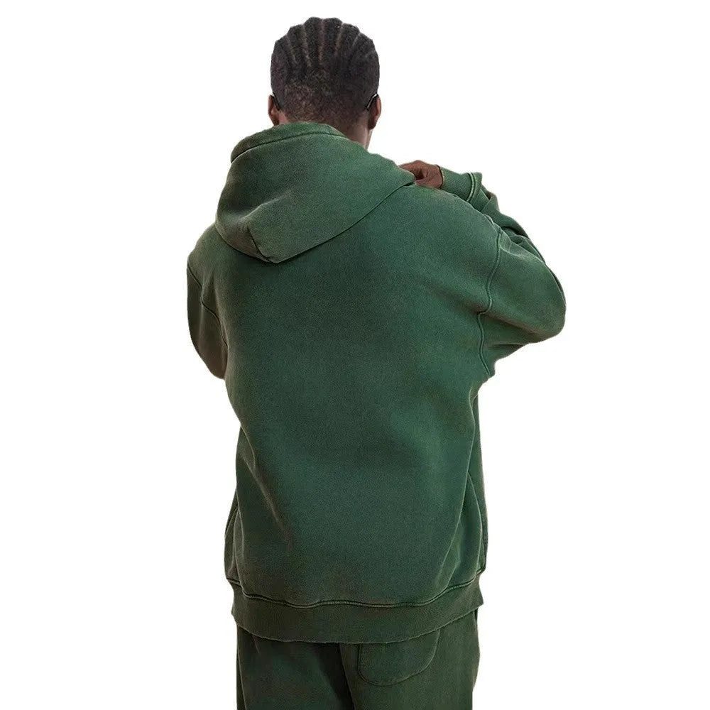 Men's washed cotton hooded cardigan with fleece lining and double zipper front.