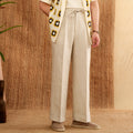 Women's linen straight-leg trousers with elastic high waist in navy blue colour