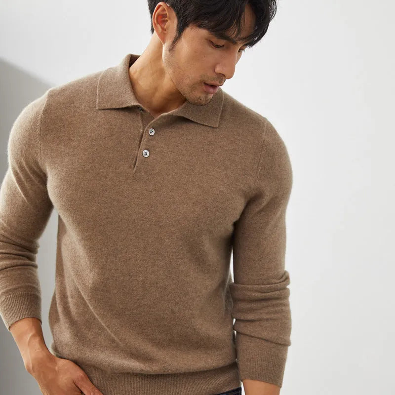 Men's cashmere polo collar pullover sweater in loose fit, shown in sapphire blue colour