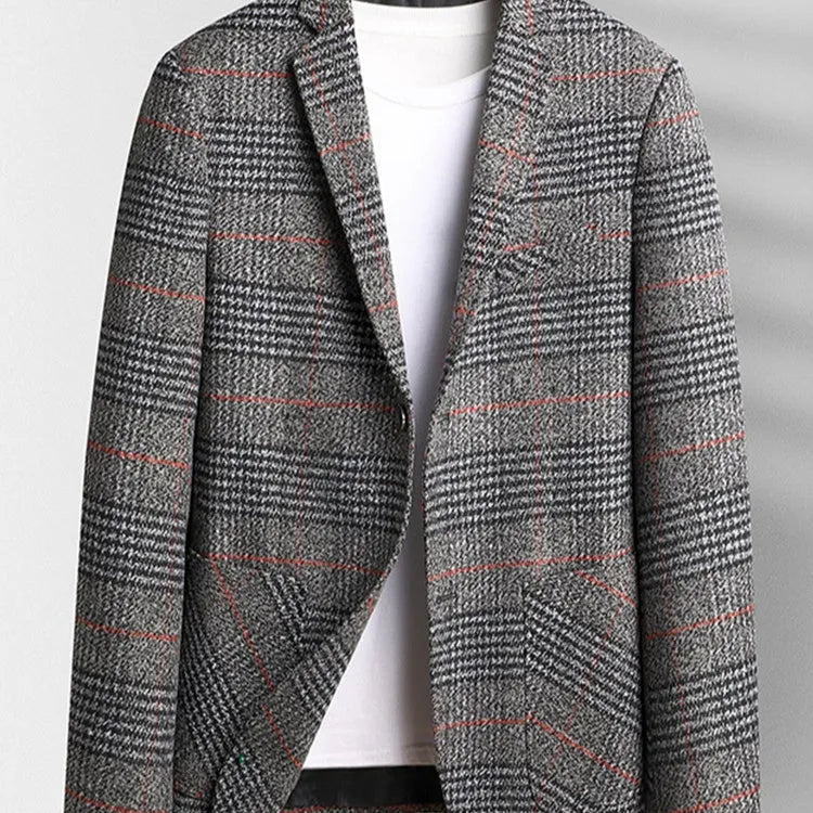 Men's autumn winter polyester suit jacket in khaki, front view, size M to 4XL available