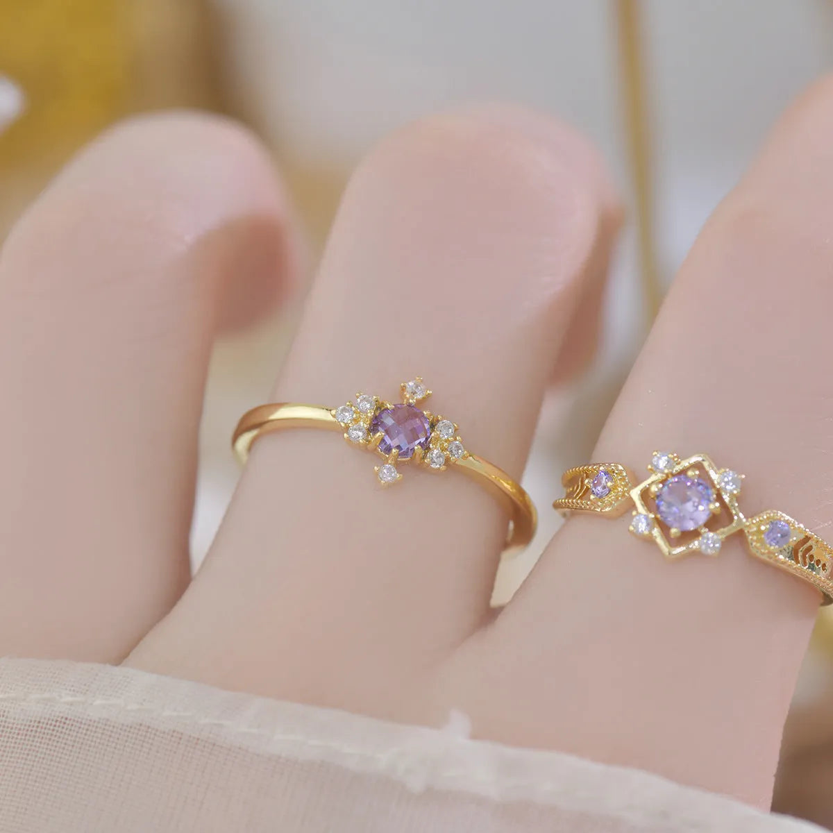 French style geometric open mouth ring with copper band and zircon stones in olive green or purple options