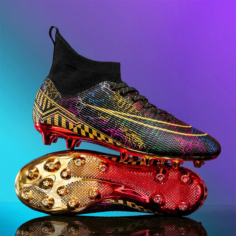 High-top football training shoes in mandarin duck colour with gold-plated PVC sole and lace-up closure
