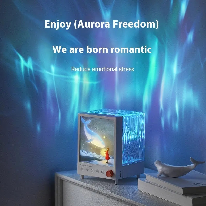Aurora Treasure Box atmosphere projection lamp showing starry whale light pattern on a surface