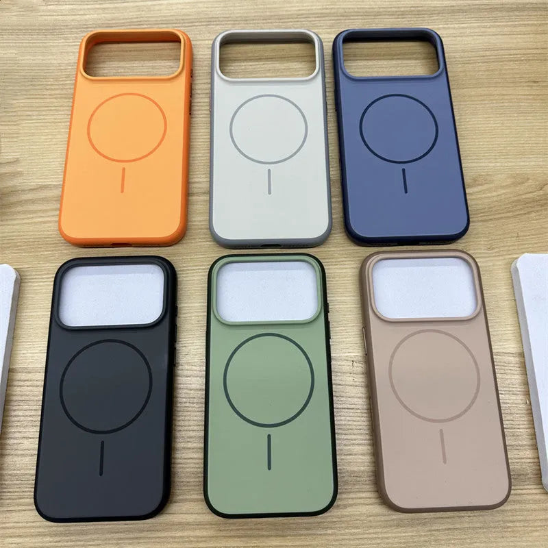 Matte magnetic silicone phone case for iPhone 17 series, available in black, blue, white, orange, dark night green, gold