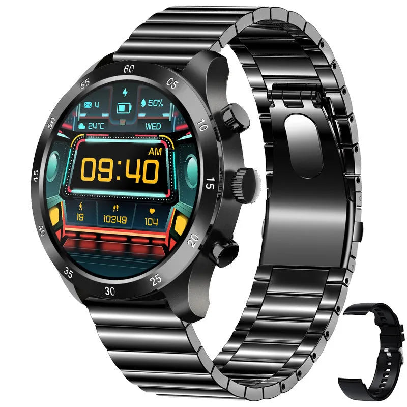 Black Bluetooth smart watch for Apple iOS with a steel strap, showing call and health monitoring functions on its display.