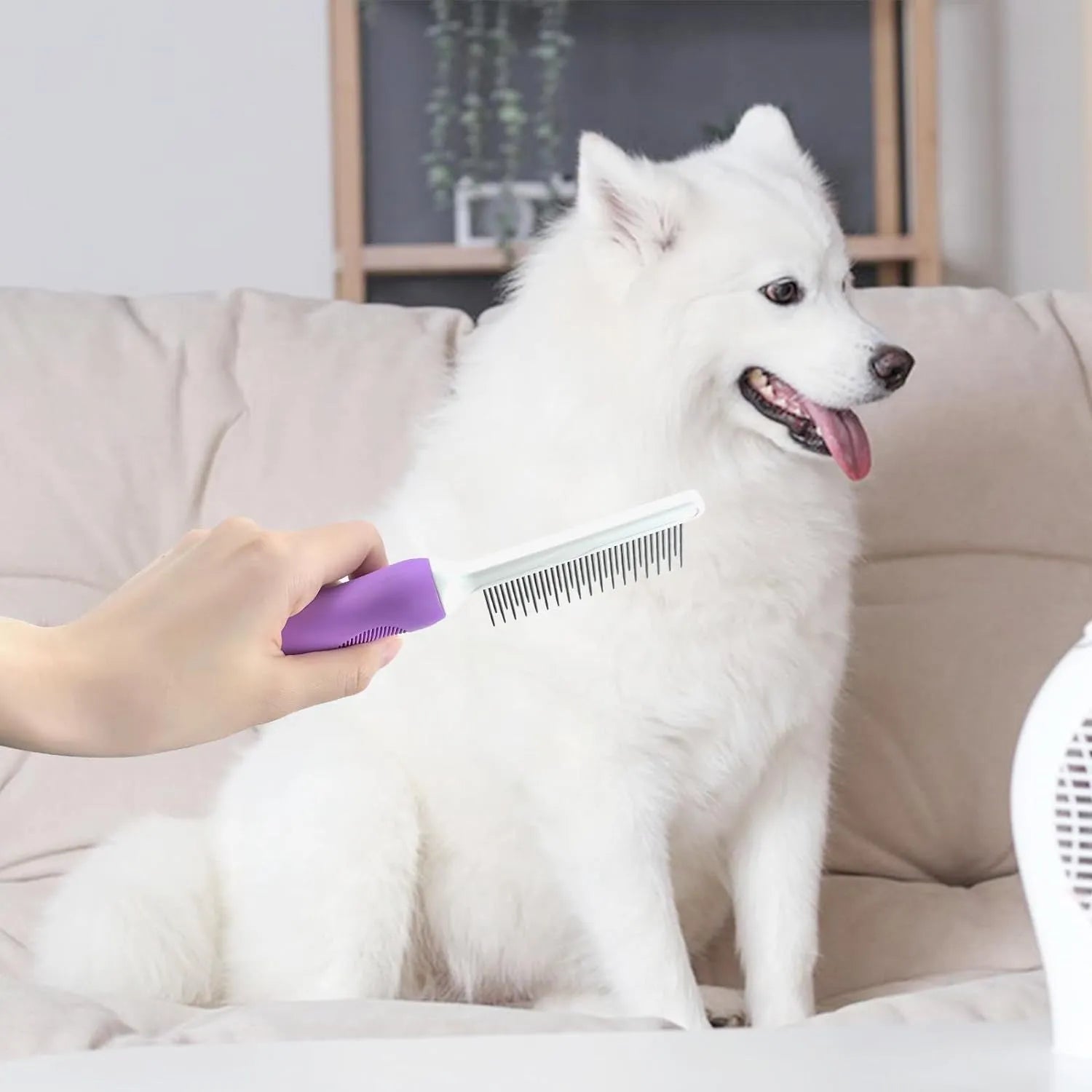 Purple pet grooming comb with stainless steel teeth for dogs and cats