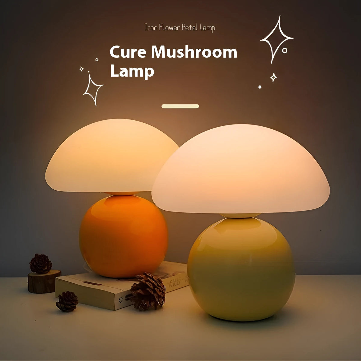 Cream ceramic mushroom table lamp with USB power cord on a bedside table, available in yellow