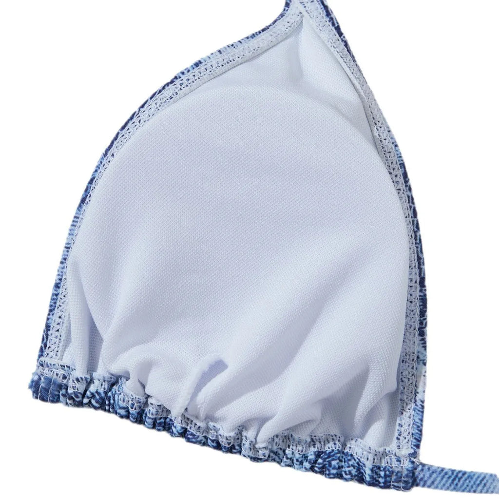 Women's denim blue printed bikini set with strappy design, two-piece swimwear for beach and pool