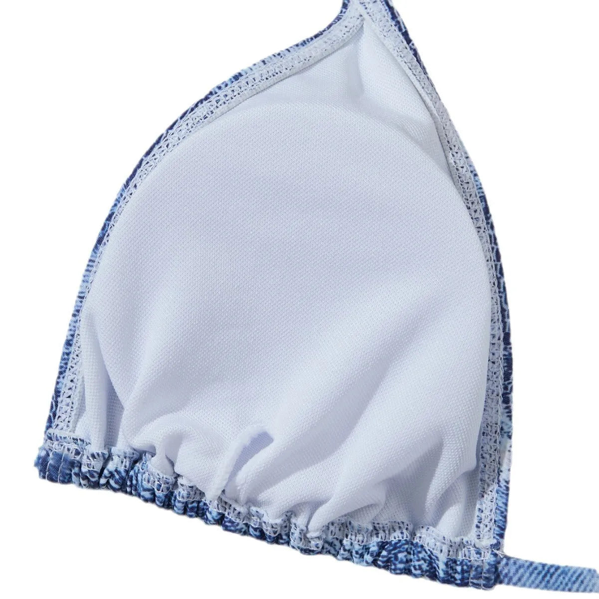 Women's denim blue printed bikini set with strappy design, two-piece swimwear for beach and pool