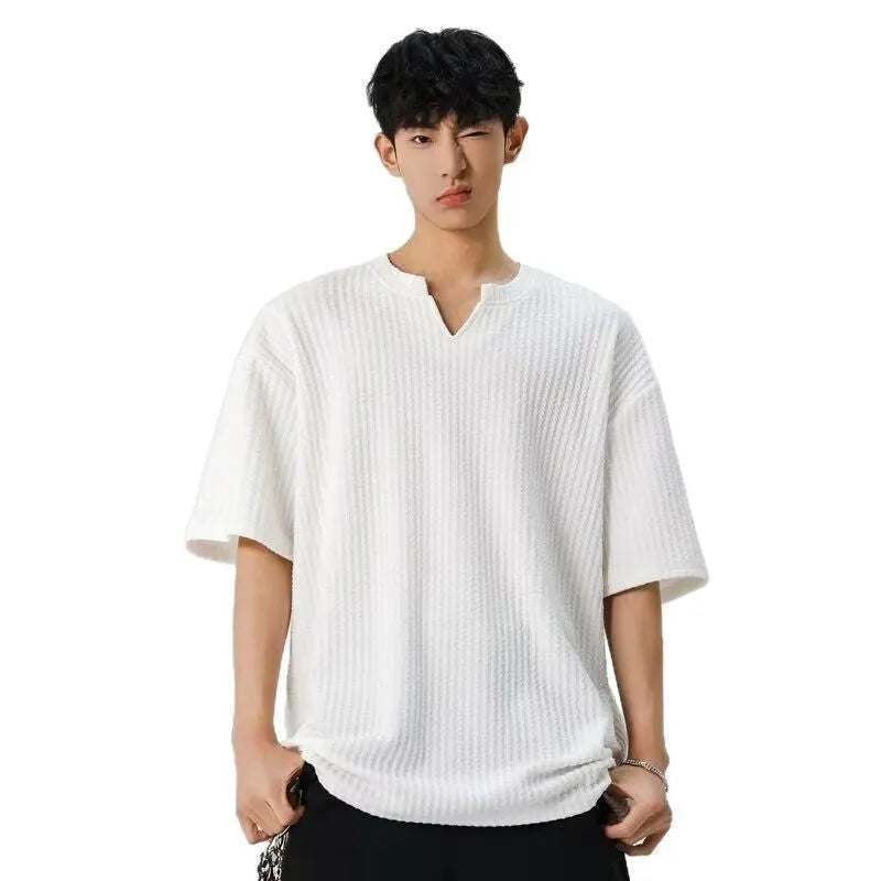 Men's casual loose fit short sleeve V-neck t-shirt in solid beige colour with drop shoulder design