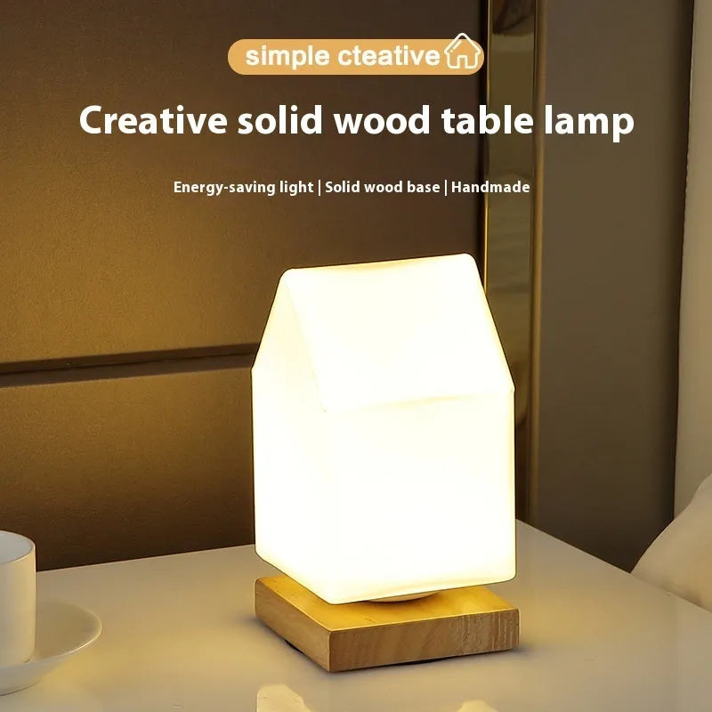 Nordic style wooden USB table lamp with flower-shaped base and cylindrical lamp head