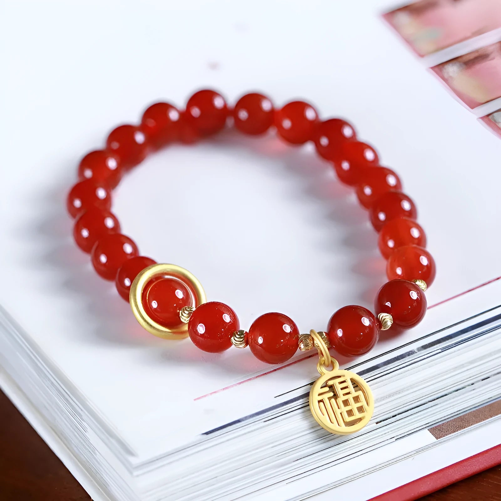 Natural red agate woven bracelet with blessing card in 8mm and 10mm size options