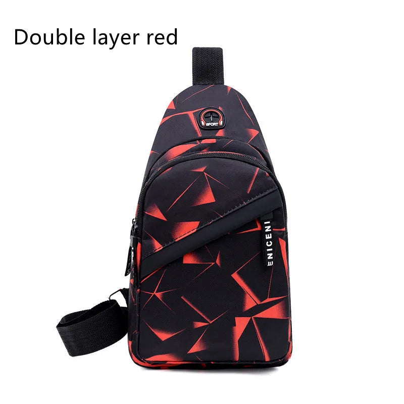 Print sling chest bag with earphone hole design in Oxford cloth, showing zipper opening and square vertical shape