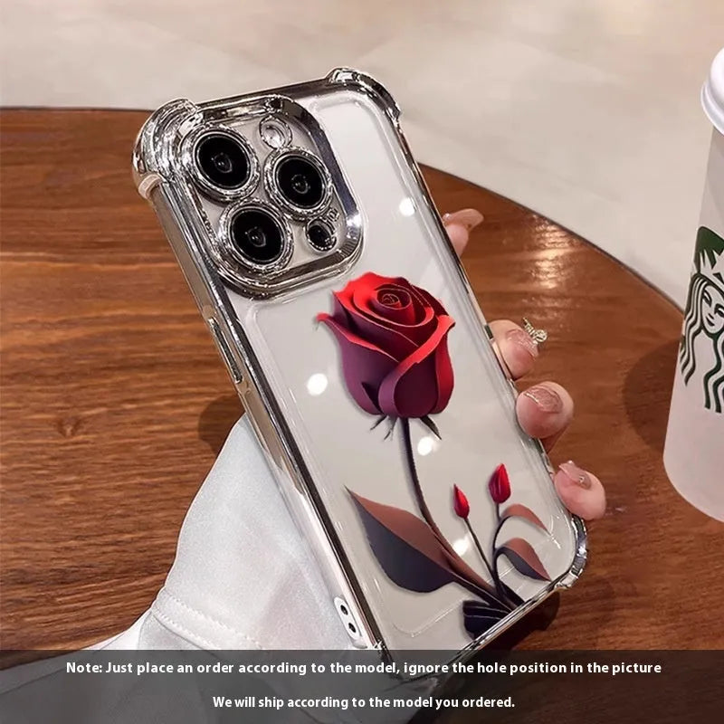 Transparent TPU phone case with hand-painted red rose oil painting design for Apple iPhone