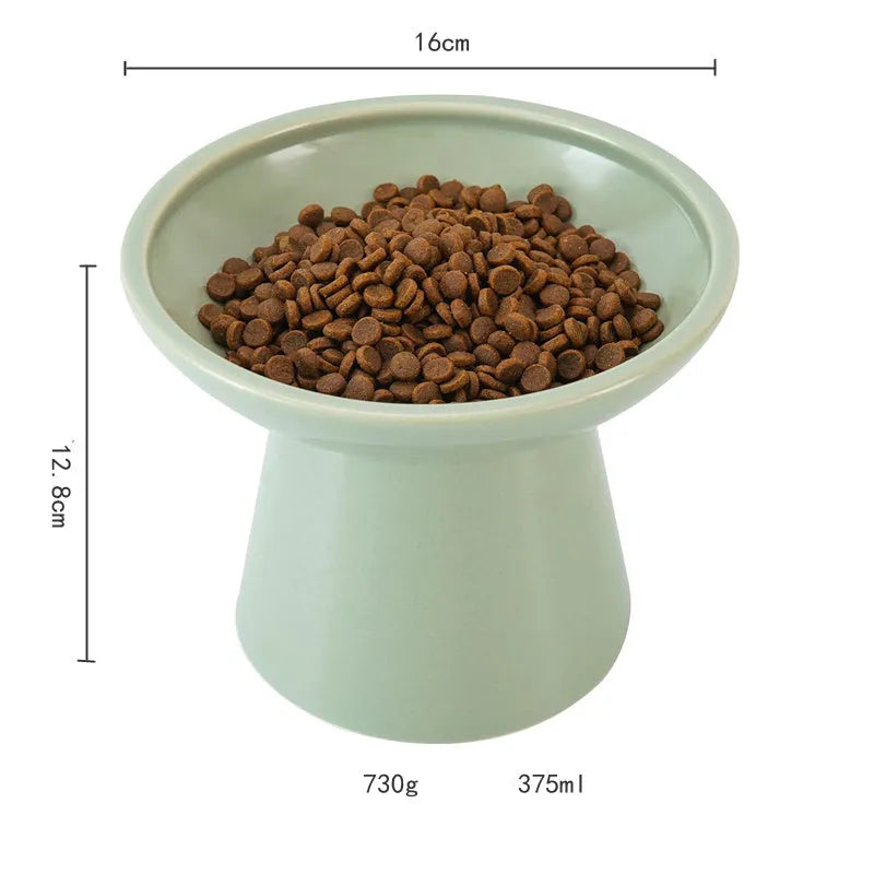 Ceramic elevated cat food bowl with wide shallow design in blue colour