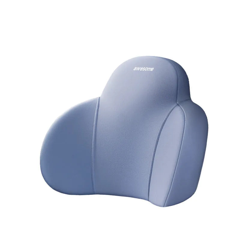 Black and grey memory foam car headrest pillow and lumbar support pillow on a car seat.